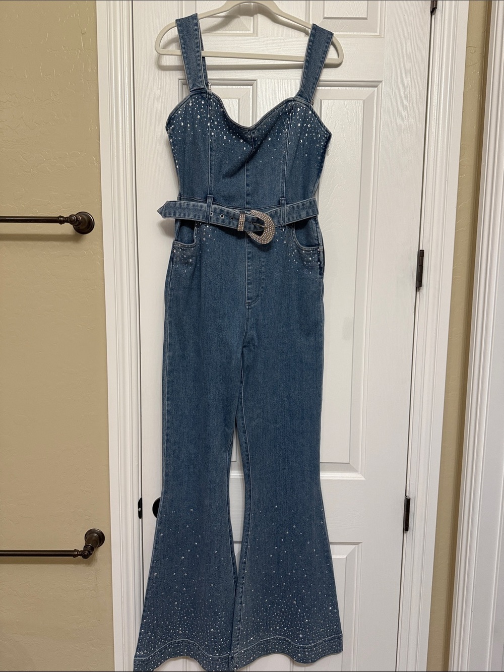 Show me your mummu Rhinestone Detail Denim Jumpsuit with Belt- Blue